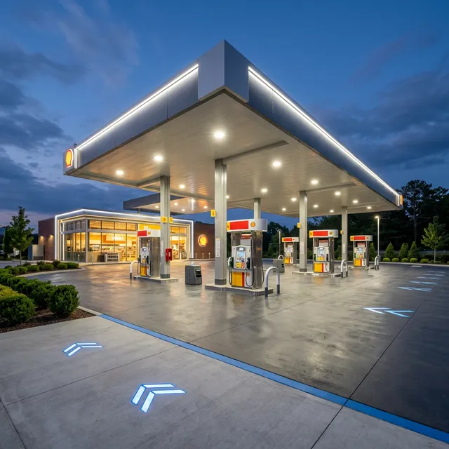 Technician cleaning gas station canopy