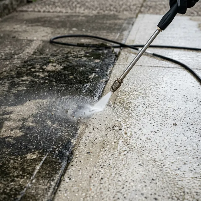 Technician demonstrating high pressure washing on concrete